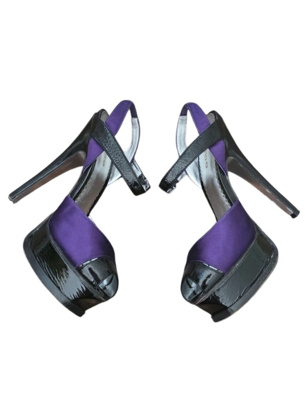 Bebe Purple Black Satin Platform Peep Toe Heels Size 7 - Picture 10 of 16
